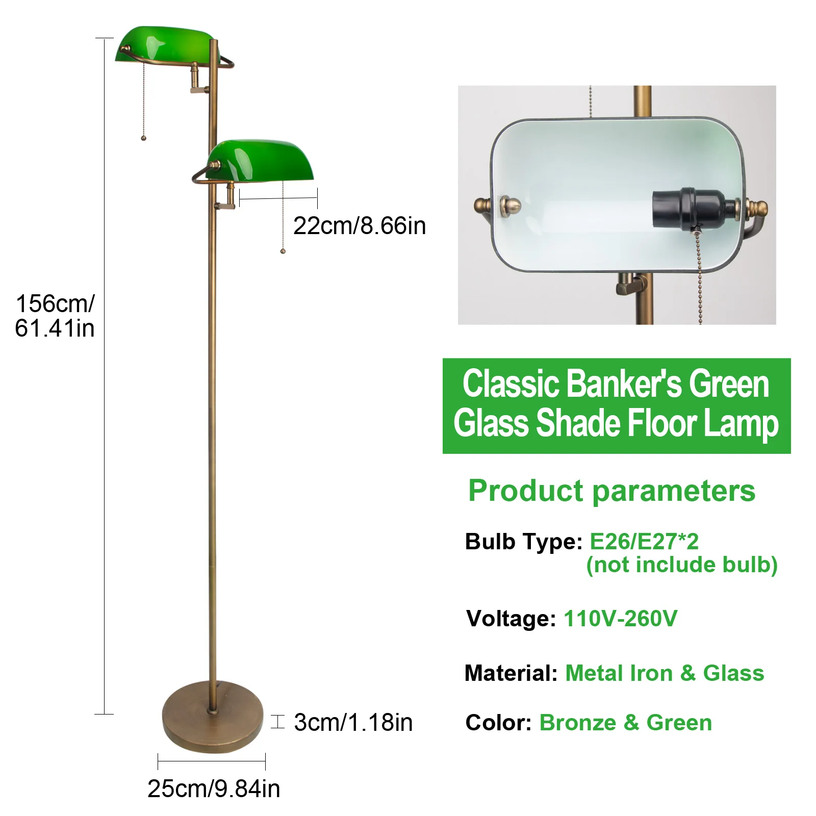 Lampe de sol en verre vert pour les banquiers Lampe de sol vintage classique avec interrupteur à tirette pour la chambre à couch - Miniature 3