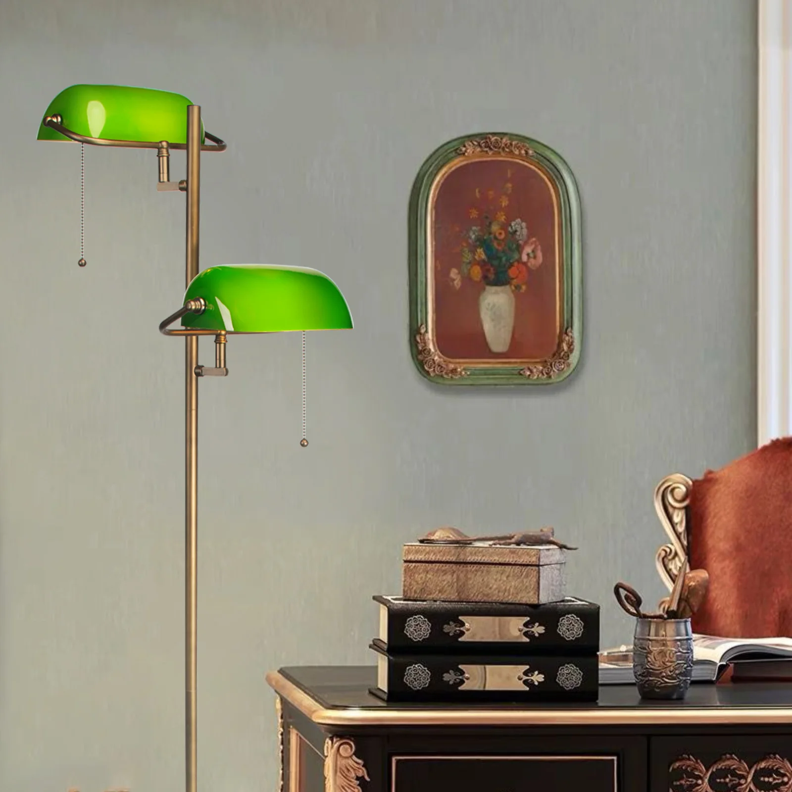 Lampe de sol en verre vert pour les banquiers Lampe de sol vintage classique avec interrupteur à tirette pour la chambre à couch - Miniature 2