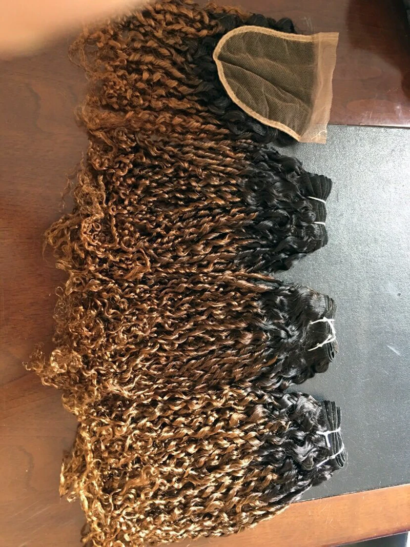 Mèches Brésiliennes Naturelles Remy avec Closure, Cheveux Humains, Couleur Blond Ombré 1B 30, Boucles Pixie, 240 g/Lot, 3 Lots - Miniature 4