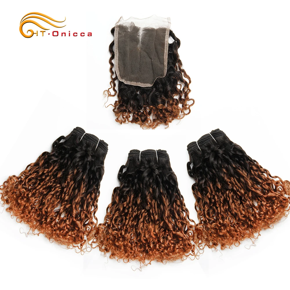 Mèches Brésiliennes Naturelles Remy avec Closure, Cheveux Humains, Couleur Blond Ombré 1B 30, Boucles Pixie, 240 g/Lot, 3 Lots - Image 1