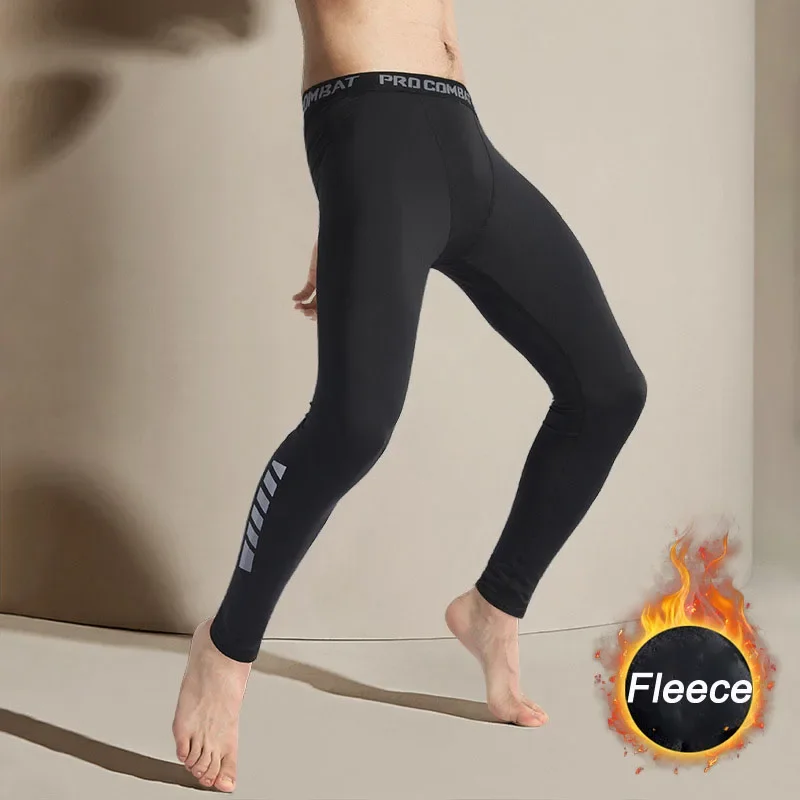 Leggings de Compression chauds pour hommes, 1 à 2 pièces, pantalons d'entraînement de Sport, collants de course à coupe sèche, Fitness, basket - ball, Jogging, polaire - Miniature 5
