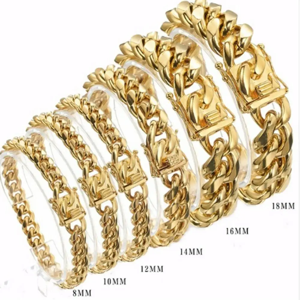 Bracelet en acier inoxydable couleur or/or Rose, chaîne à maillons cubains, bijoux 7 - 11 pouces pour hommes et femmes, 8/10/12/14/16/18mm - Miniature 4