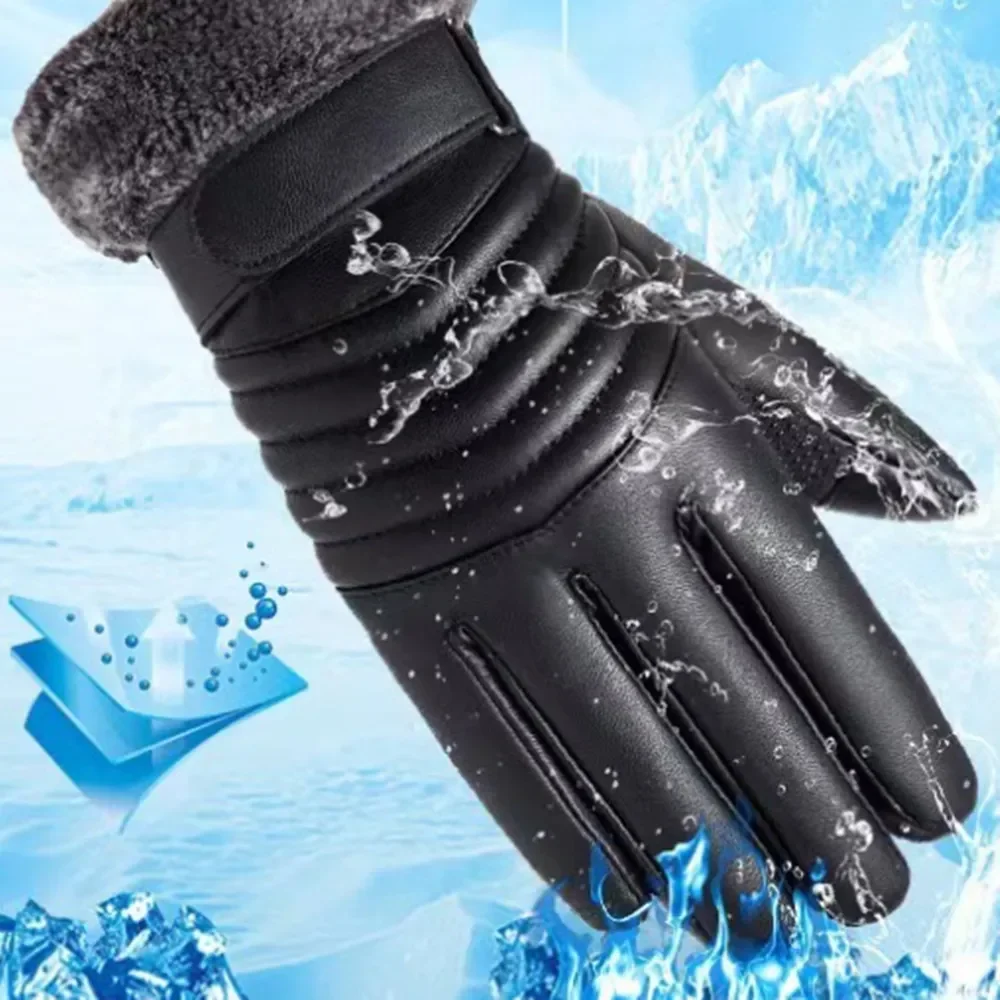 Gants D'hiver HOMMES Fourrure Bouche En Peluche Isolation Gants En Plein Air Vélo Moto PU Écran Tactile Coton Gants - pas cher - livraison - Miniature 5