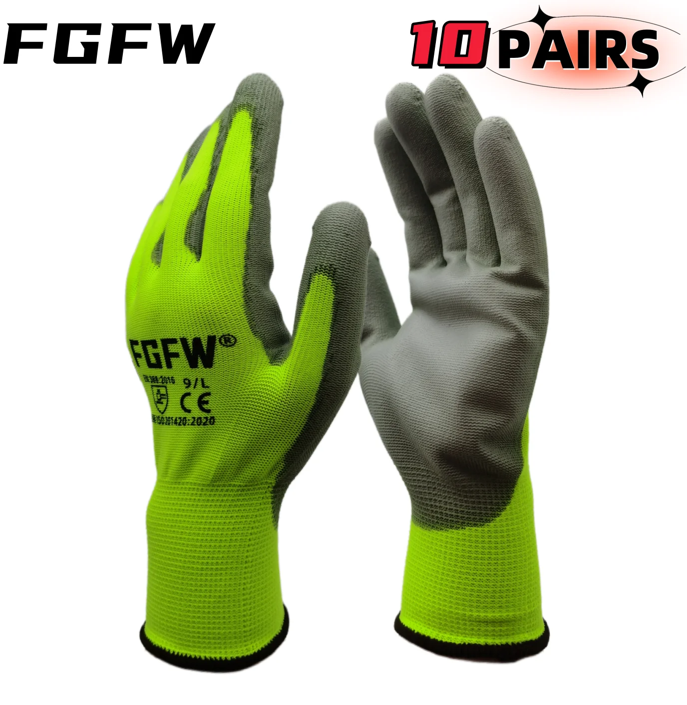 10 paires de gants de travail enduits de PU – Gants de sécurité légers et durables certifiés EN 388/ISO20471, tailles S/M/L/XL - pas cher - livraison - Miniature 5