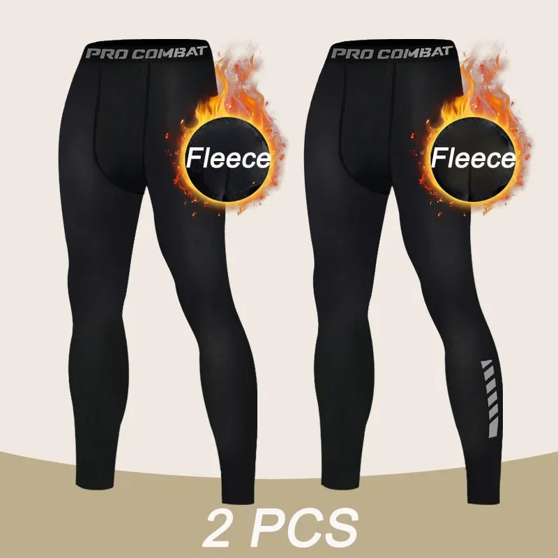 Leggings de Compression chauds pour hommes, 1 à 2 pièces, pantalons d'entraînement de Sport, collants de course à coupe sèche, Fitness, basket - ball, Jogging, polaire - Image 1
