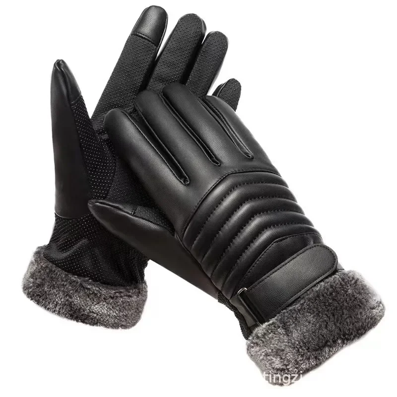 Gants D'hiver HOMMES Fourrure Bouche En Peluche Isolation Gants En Plein Air Vélo Moto PU Écran Tactile Coton Gants - pas cher - livraison - Miniature 8