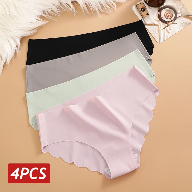 Culottes en soie glacée sans couture 4 pièces/ensemble Culottes pour femmes Couleur unie Sous - vêtements élastiques Femme Ultra fines Sans trace Culottes latérales ondulées - Miniature 9