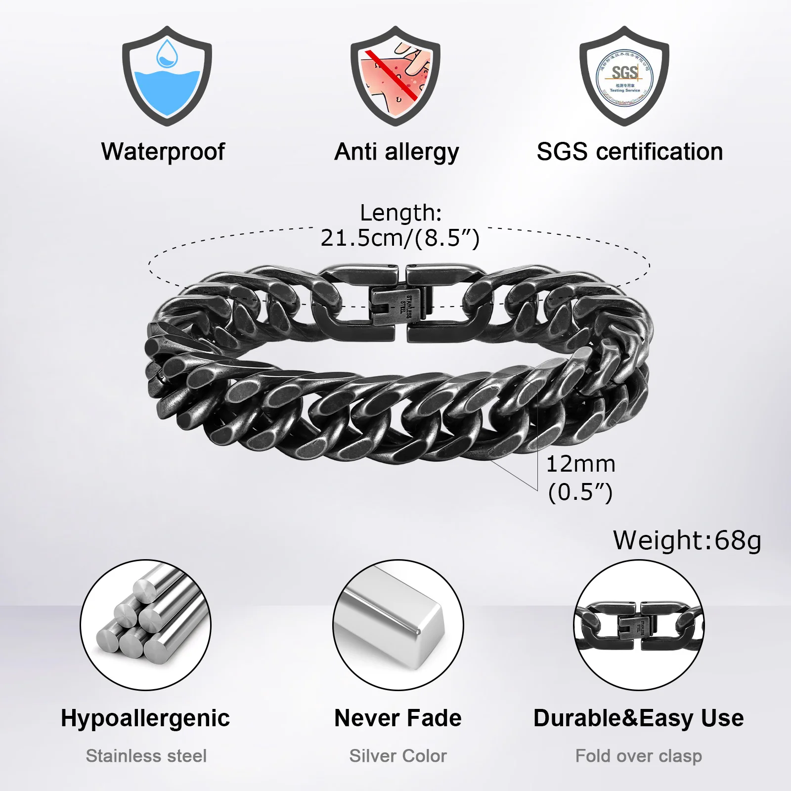 Bracelet à chaîne cubaine épaisse pour homme, acier inoxydable, or, argent, noir, couleur rétro, Miami, lien gourmette, cadeau, largeur 8/10/12/15MM - Miniature 5
