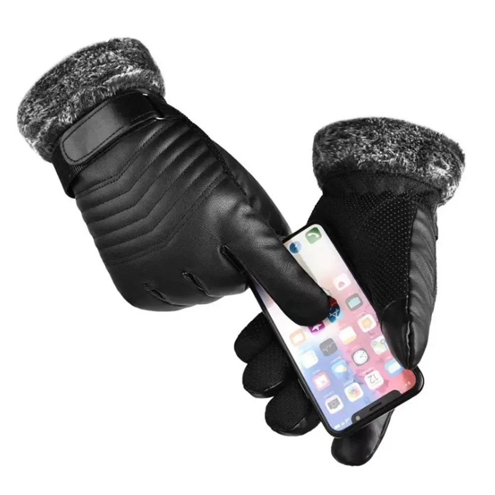 Gants D'hiver HOMMES Fourrure Bouche En Peluche Isolation Gants En Plein Air Vélo Moto PU Écran Tactile Coton Gants - pas cher - livraison - Miniature 4