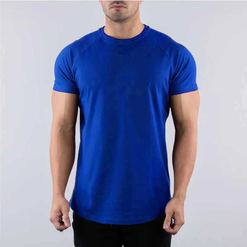 T-shirt de gymnastique en coton pour hommes, vêtements de Fitness d'été, col rond, manches courtes, coupe cintrée, musculation, entraînement - Miniature 10