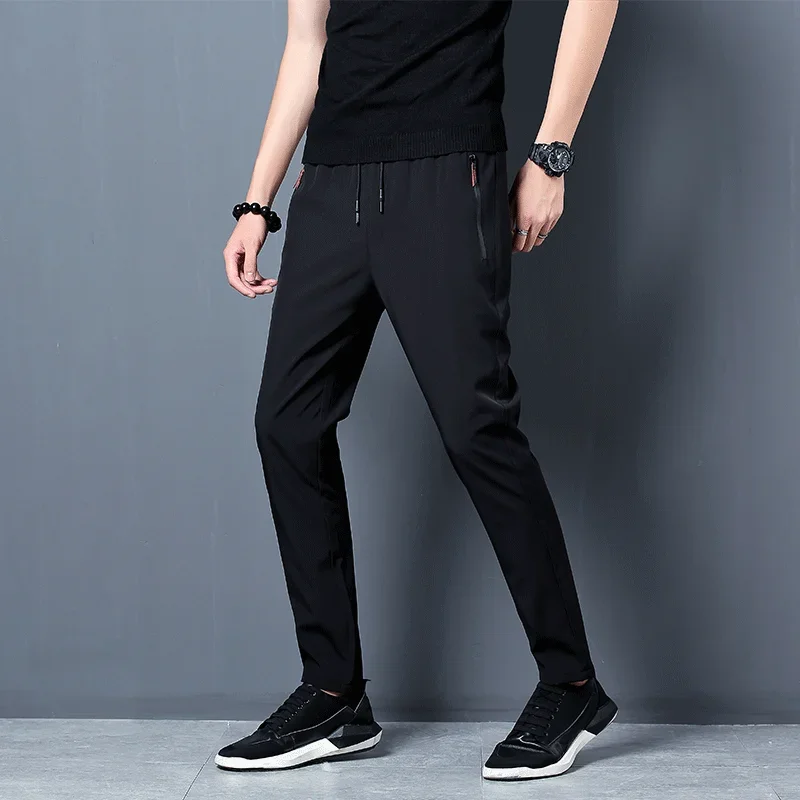 Pantalon décontracté pour hommes, coupe droite, Slim, taille élastique, survêtement coréen classique, bleu, noir, gris, marque masculine, grande taille - Miniature 3