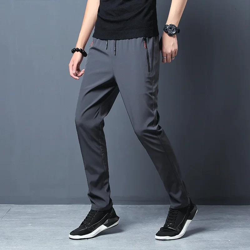 Pantalon décontracté pour hommes, coupe droite, Slim, taille élastique, survêtement coréen classique, bleu, noir, gris, marque masculine, grande taille - Miniature 4