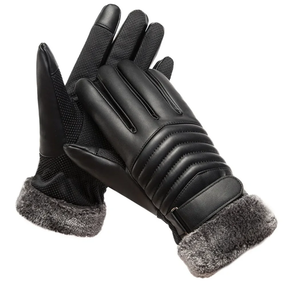 Gants D'hiver HOMMES Fourrure Bouche En Peluche Isolation Gants En Plein Air Vélo Moto PU Écran Tactile Coton Gants - pas cher - livraison - Miniature 2