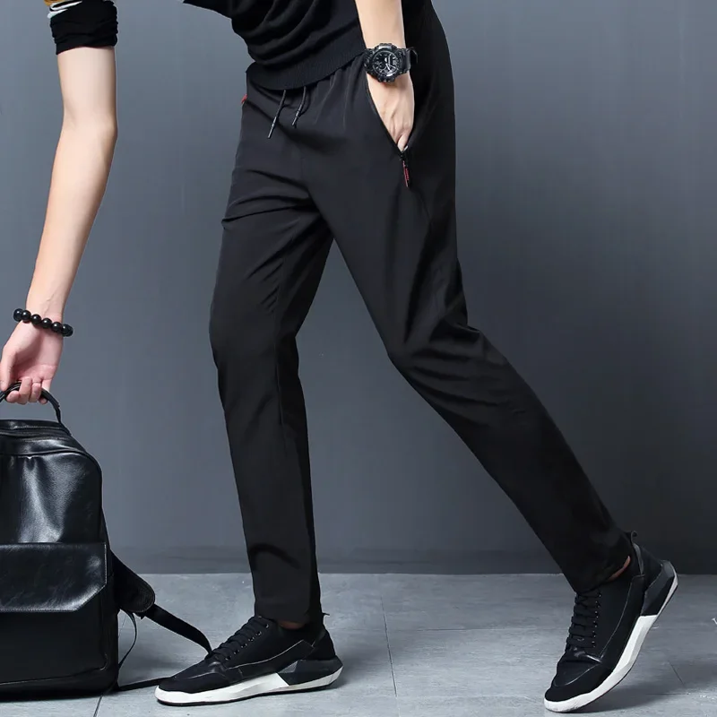 Pantalon décontracté pour hommes, coupe droite, Slim, taille élastique, survêtement coréen classique, bleu, noir, gris, marque masculine, grande taille - Miniature 5