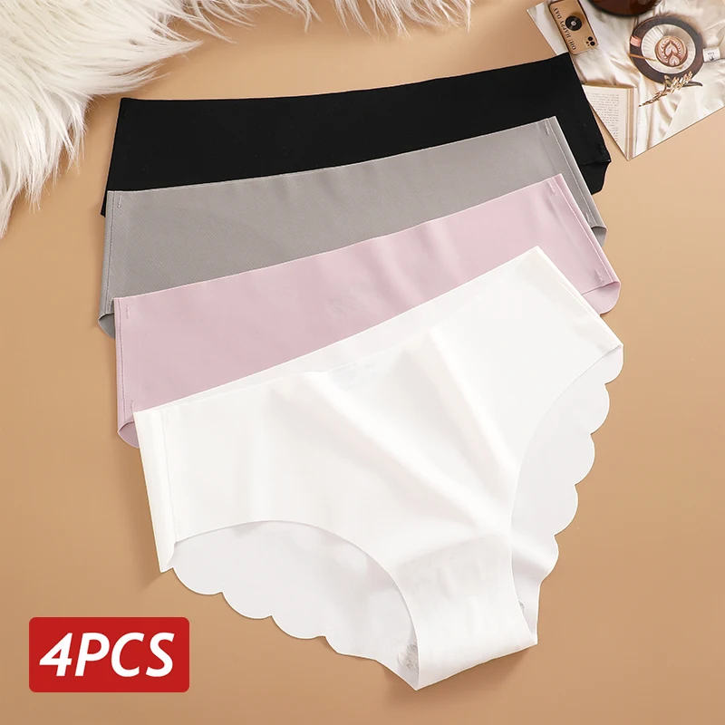 Culottes en soie glacée sans couture 4 pièces/ensemble Culottes pour femmes Couleur unie Sous - vêtements élastiques Femme Ultra fines Sans trace Culottes latérales ondulées - Miniature 10