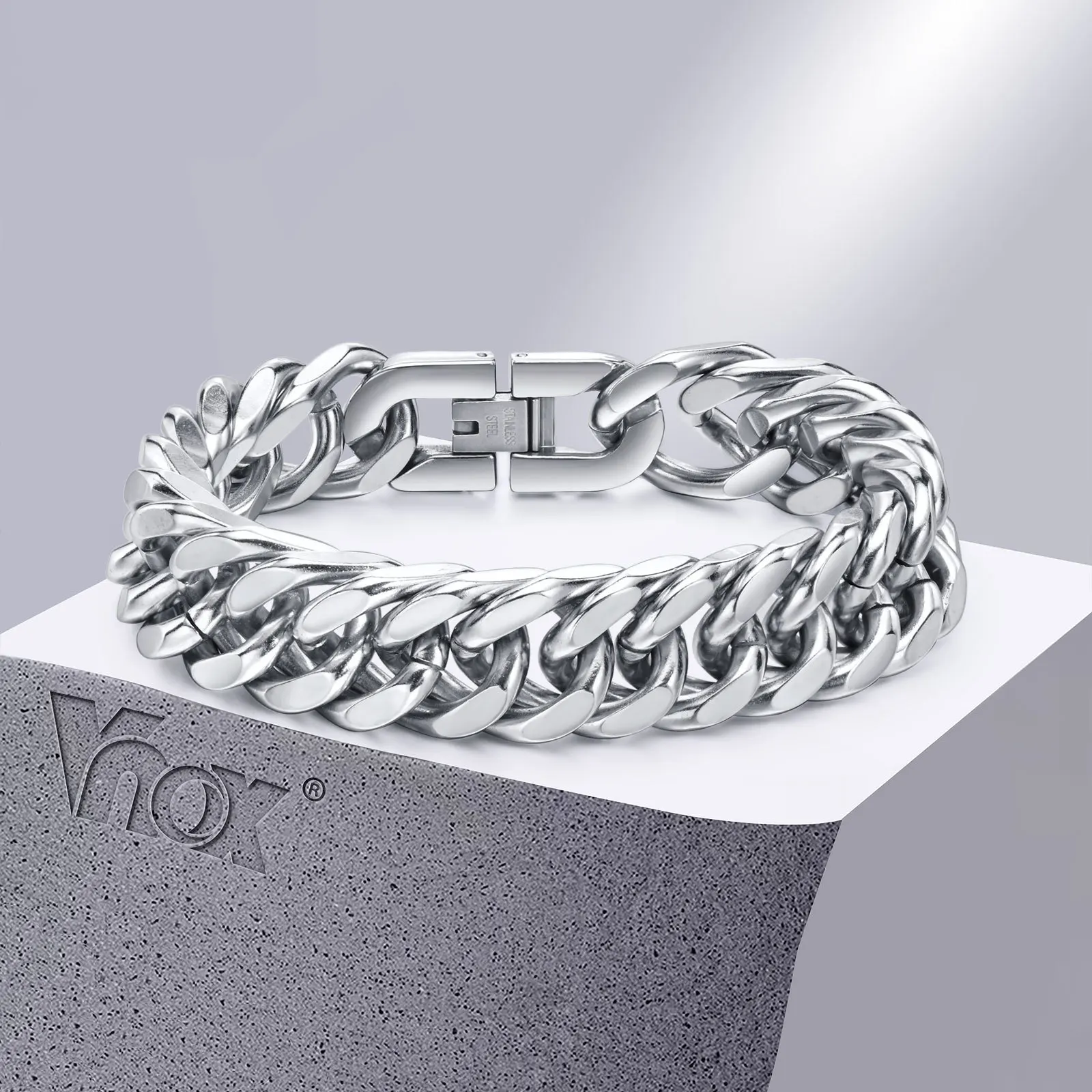 Vnox - Bracelets cubains en acier inoxydable pour hommes, 10/12/15mm de largeur, bijoux hip hop pour garçons - Miniature 6