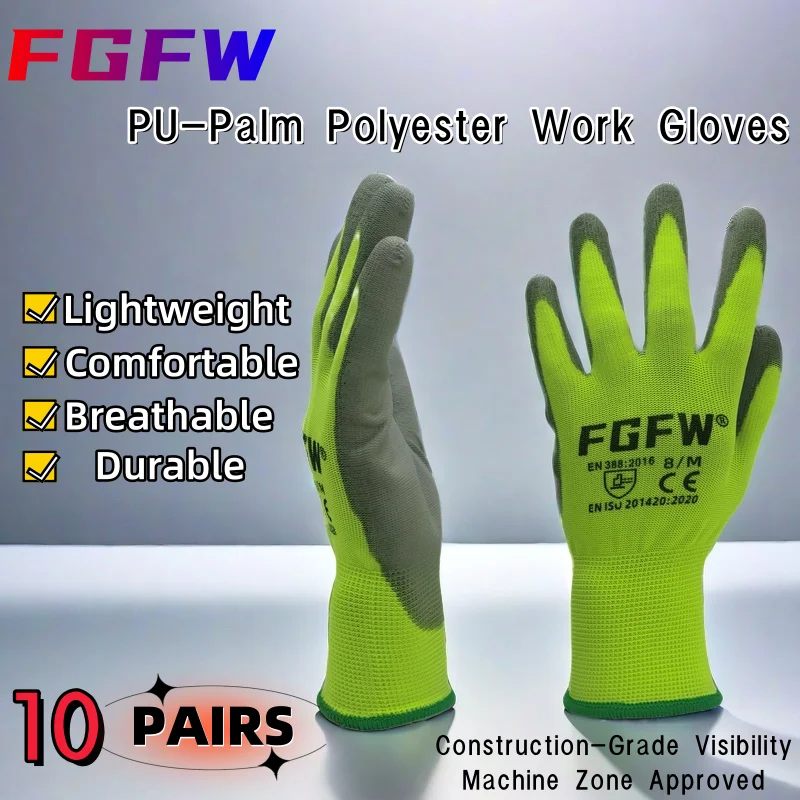 10 paires de gants de travail enduits de PU – Gants de sécurité légers et durables certifiés EN 388/ISO20471, tailles S/M/L/XL - pas cher - livraison - Miniature 3