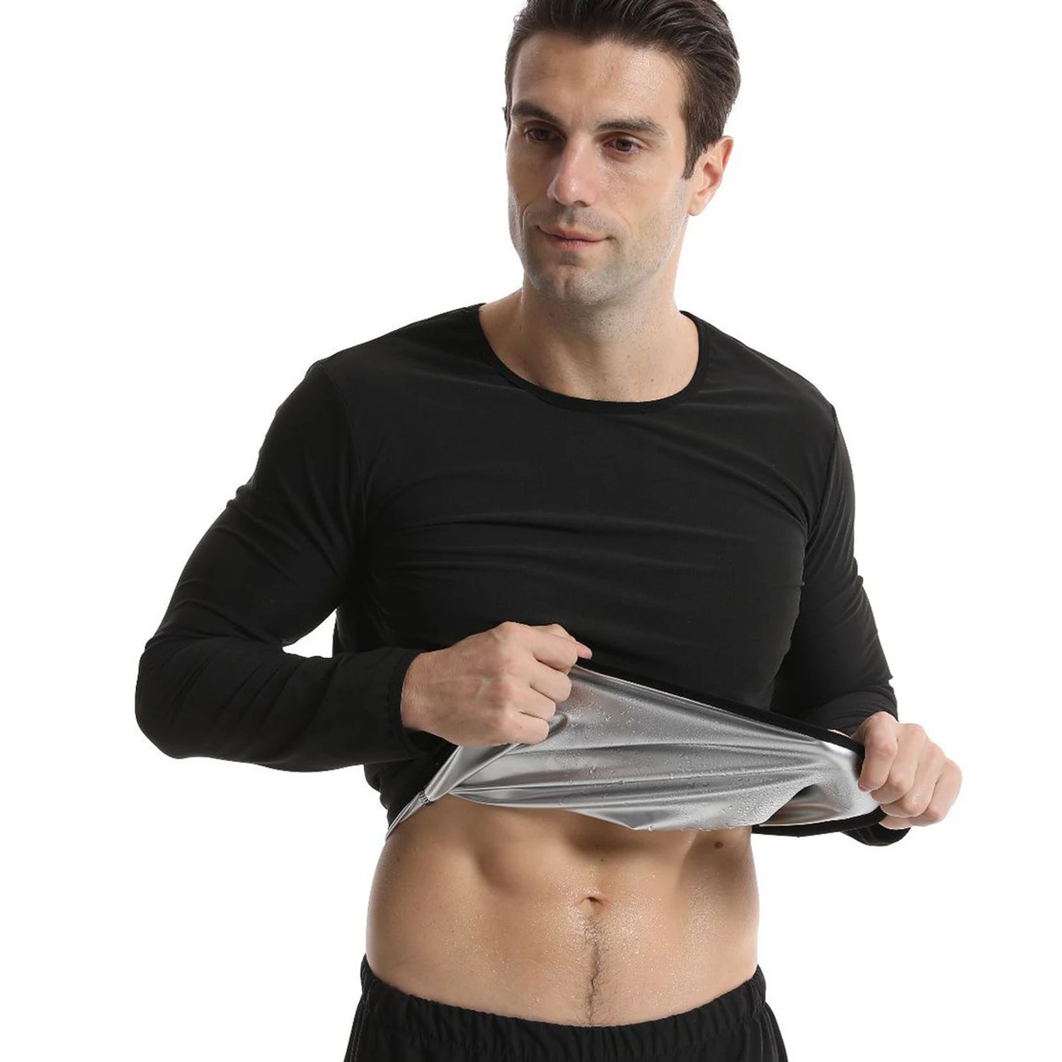 1pc chemise de Sauna pour hommes à manches longues sueur corps Shaper haut T - Shirt corps Shaper chemises pour l'entraînement sport exercice - Miniature 4
