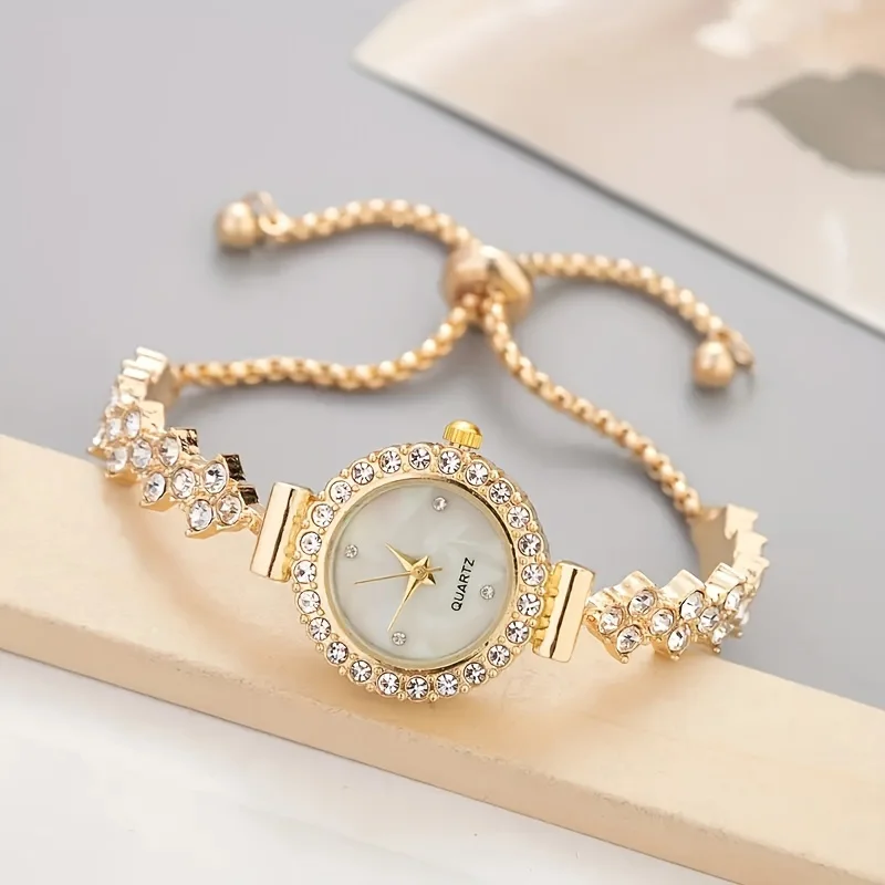 1 pièce d'une montre à quartz élégante pour femme, associée à une luxueuse embellissement de strass - bracelet simulé en or - Image 1