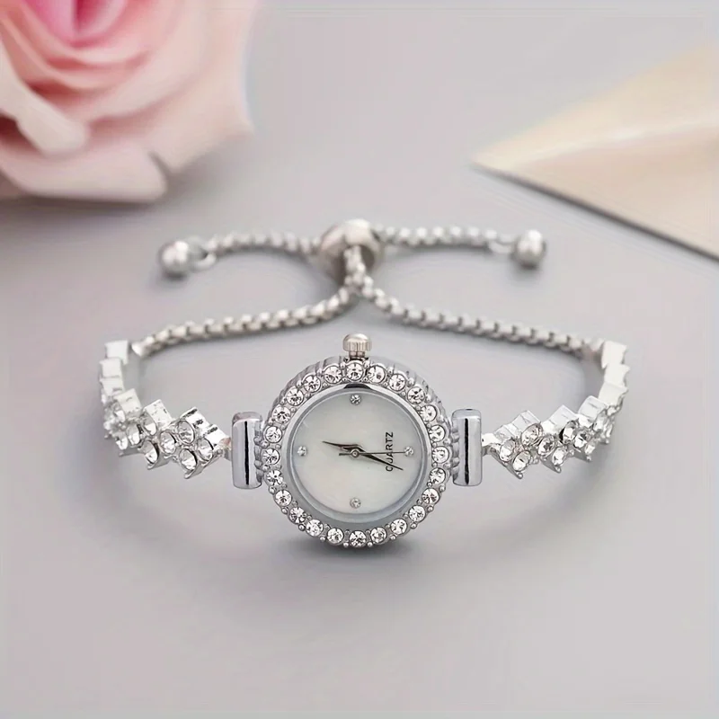 1 pièce d'une montre à quartz élégante pour femme, associée à une luxueuse embellissement de strass - bracelet simulé en or - Miniature 4