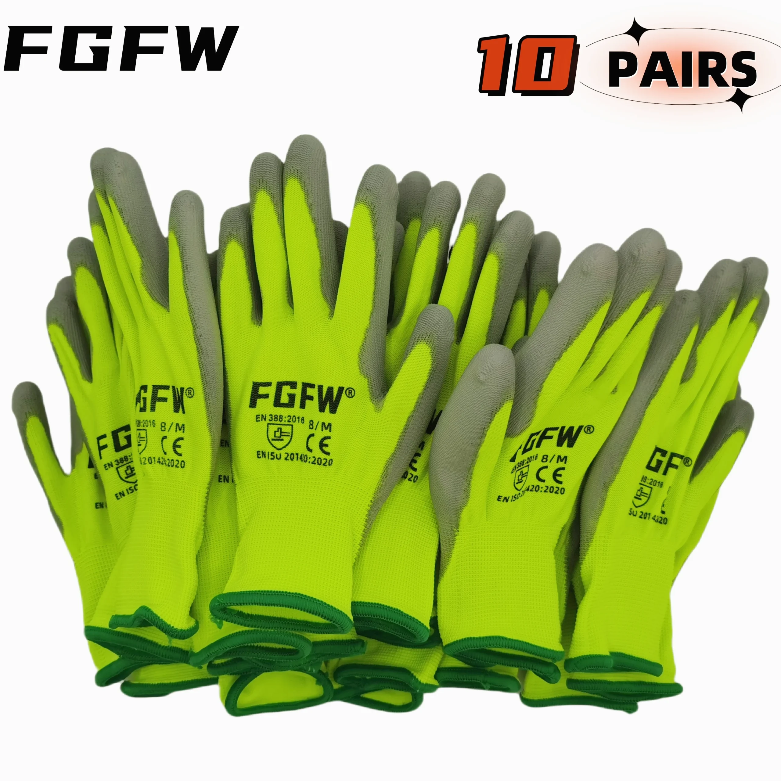 10 paires de gants de travail enduits de PU – Gants de sécurité légers et durables certifiés EN 388/ISO20471, tailles S/M/L/XL - pas cher - livraison - Image 1