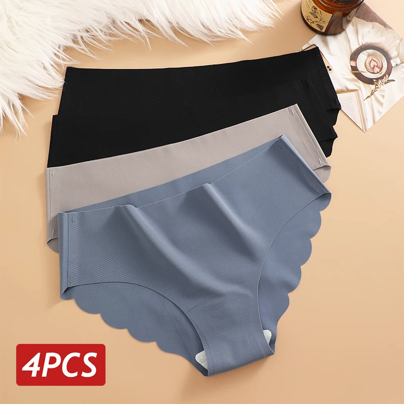 Culottes en soie glacée sans couture 4 pièces/ensemble Culottes pour femmes Couleur unie Sous - vêtements élastiques Femme Ultra fines Sans trace Culottes latérales ondulées - Miniature 7