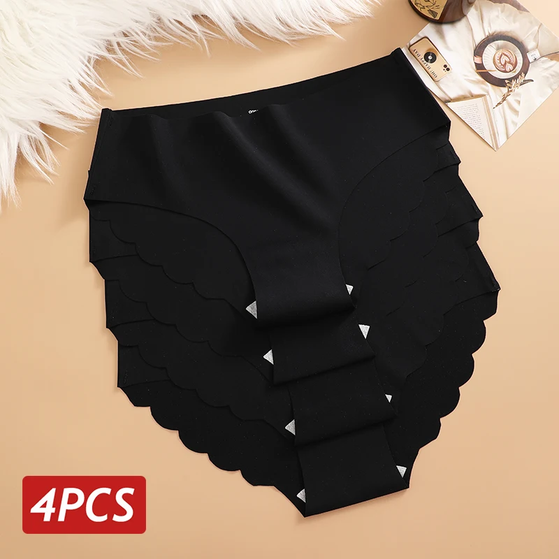 Culottes en soie glacée sans couture 4 pièces/ensemble Culottes pour femmes Couleur unie Sous - vêtements élastiques Femme Ultra fines Sans trace Culottes latérales ondulées - Miniature 12