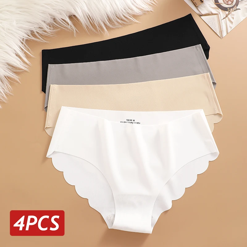 Culottes en soie glacée sans couture 4 pièces/ensemble Culottes pour femmes Couleur unie Sous - vêtements élastiques Femme Ultra fines Sans trace Culottes latérales ondulées - Miniature 8