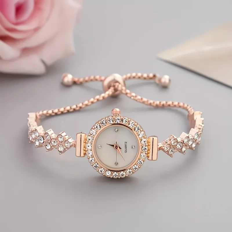 1 pièce d'une montre à quartz élégante pour femme, associée à une luxueuse embellissement de strass - bracelet simulé en or - Miniature 2