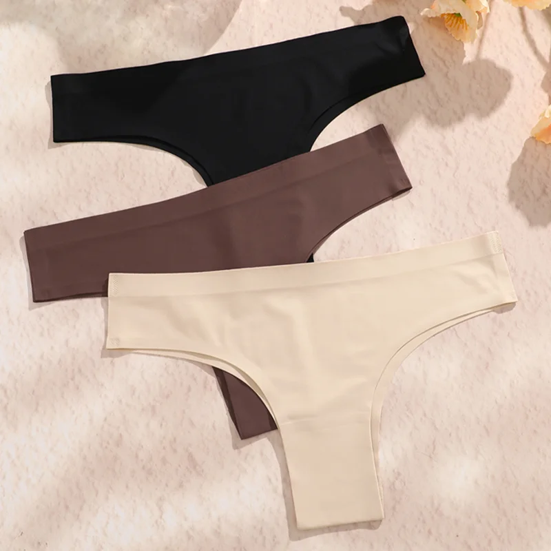 3 pièces sans couture Maillard culotte Ultra - mince culotte brésilienne femmes glace sous - vêtements en soie culotte Sexy taille basse string femme solide - Miniature 2
