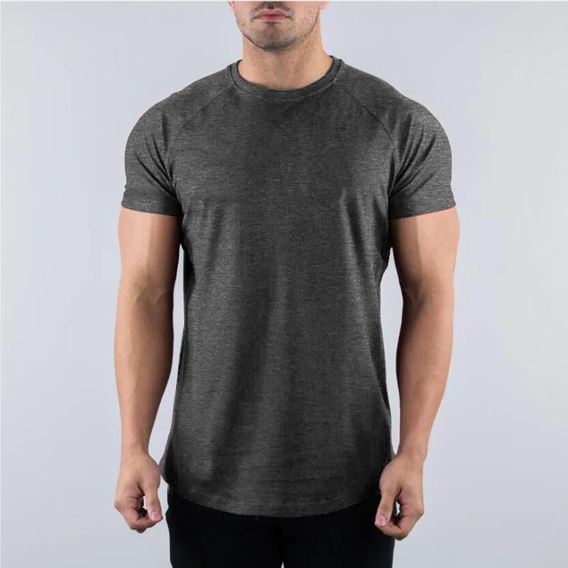 T-shirt de gymnastique en coton pour hommes, vêtements de Fitness d'été, col rond, manches courtes, coupe cintrée, musculation, entraînement - Miniature 17