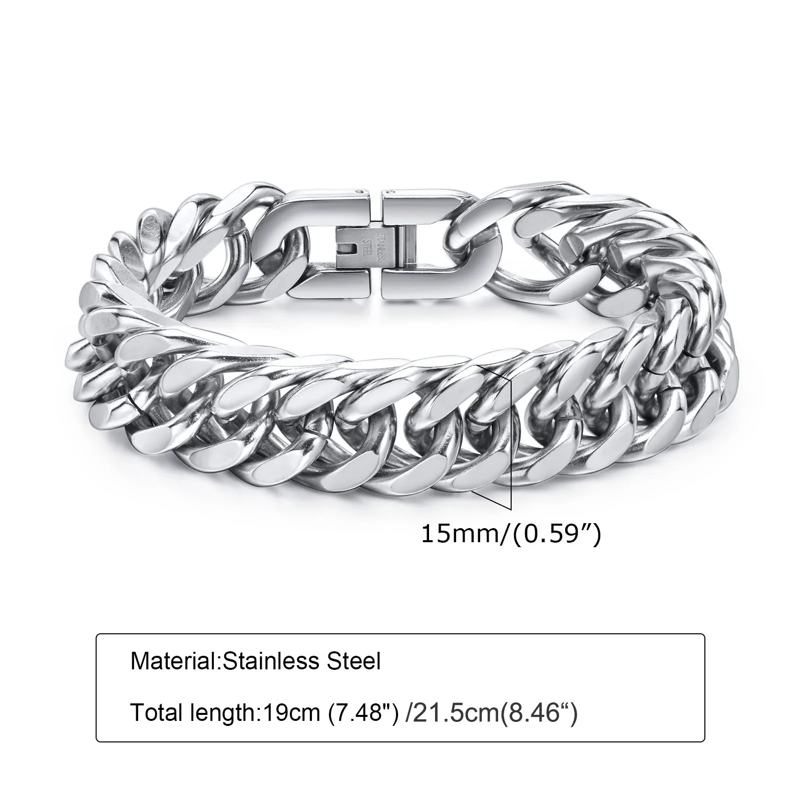 Vnox - Bracelets cubains en acier inoxydable pour hommes, 10/12/15mm de largeur, bijoux hip hop pour garçons - Miniature 4