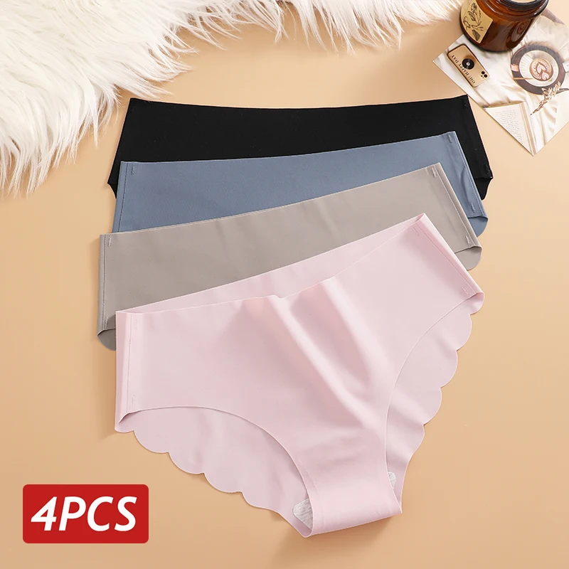 Culottes en soie glacée sans couture 4 pièces/ensemble Culottes pour femmes Couleur unie Sous - vêtements élastiques Femme Ultra fines Sans trace Culottes latérales ondulées - Miniature 14