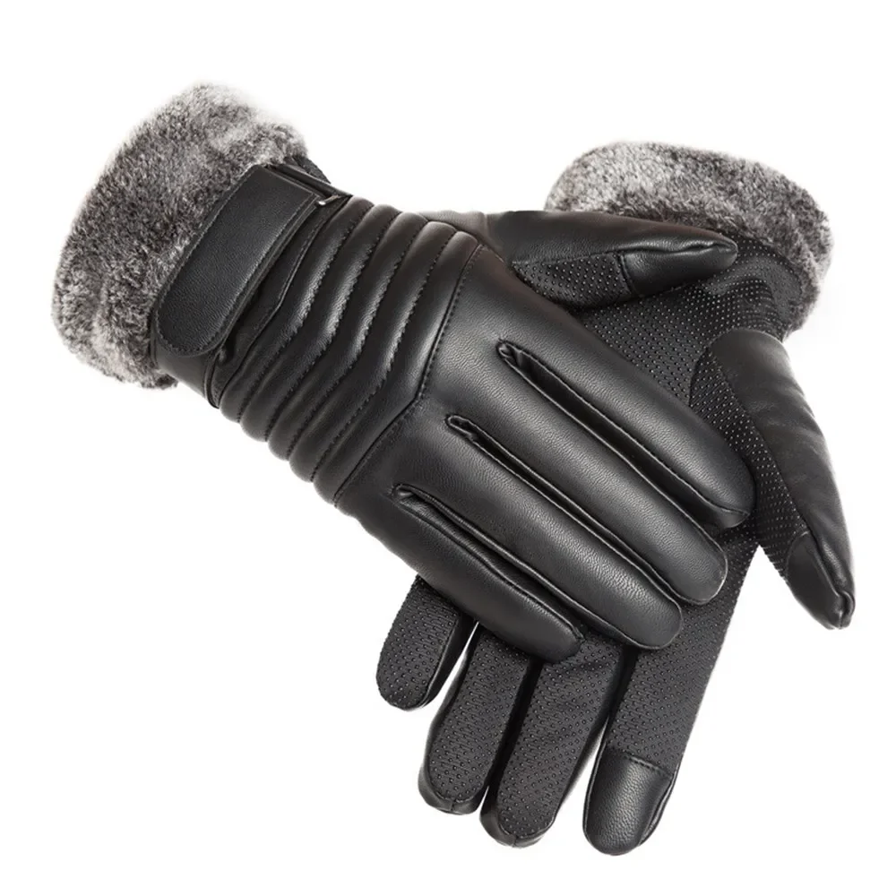 Gants D'hiver HOMMES Fourrure Bouche En Peluche Isolation Gants En Plein Air Vélo Moto PU Écran Tactile Coton Gants - pas cher - livraison - Miniature 6