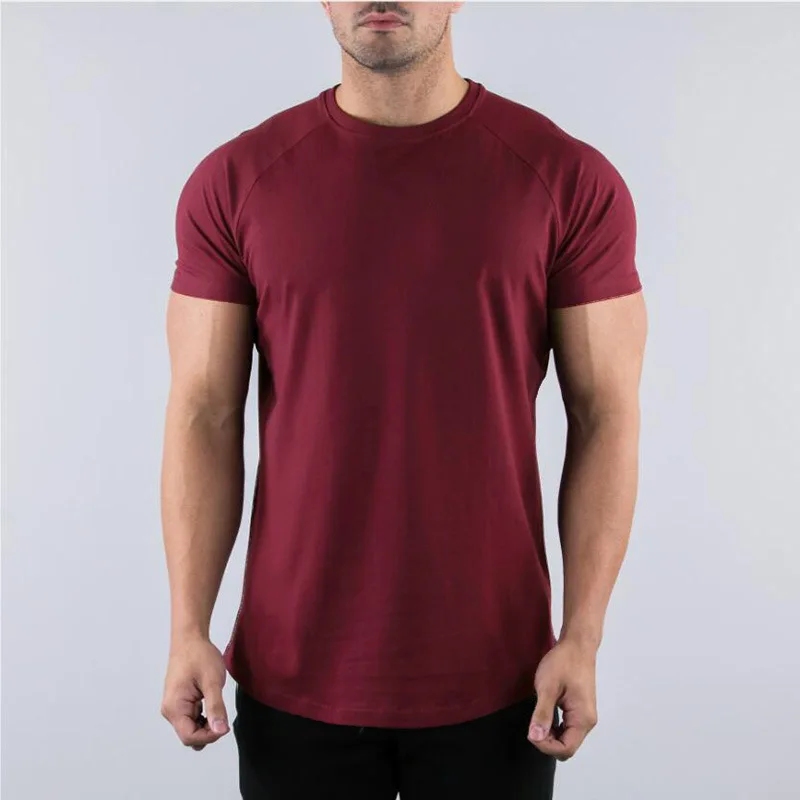 T-shirt de gymnastique en coton pour hommes, vêtements de Fitness d'été, col rond, manches courtes, coupe cintrée, musculation, entraînement - Miniature 13
