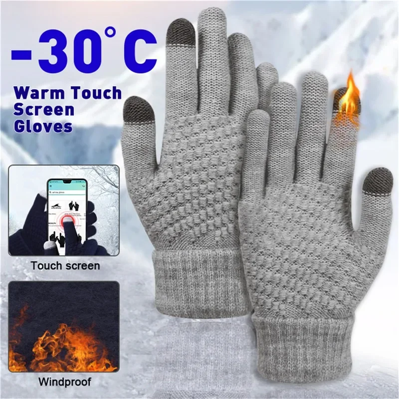 Gants chauds d'hiver pour écran tactile pour femmes et hommes, mitaines en tricot classiques extensibles, en laine, doigt complet, pour cyclisme en plein air, conduite - pas cher - livraison - Miniature 2