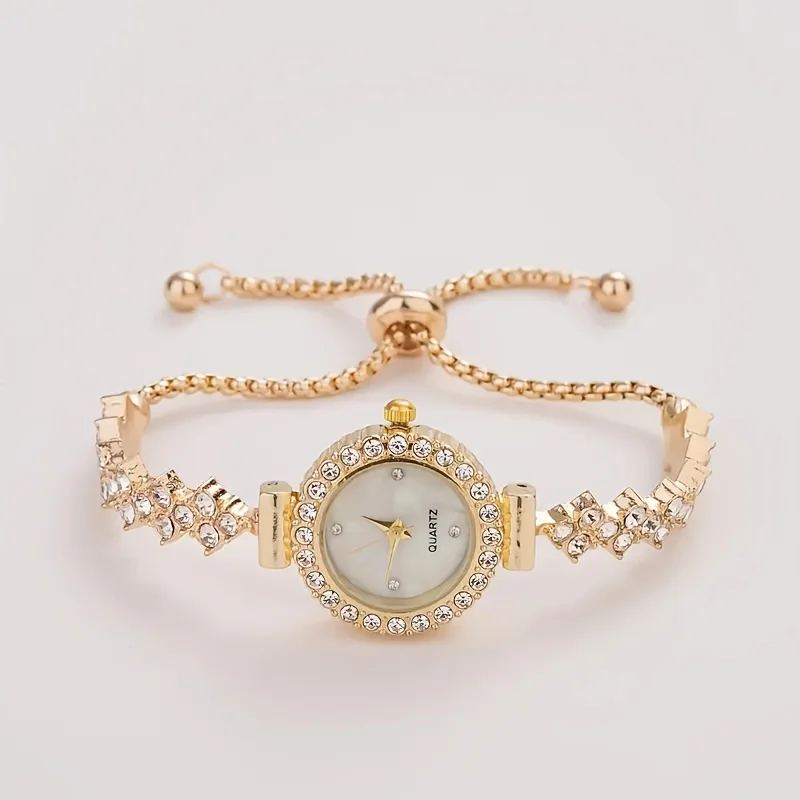 1 pièce d'une montre à quartz élégante pour femme, associée à une luxueuse embellissement de strass - bracelet simulé en or - Miniature 3