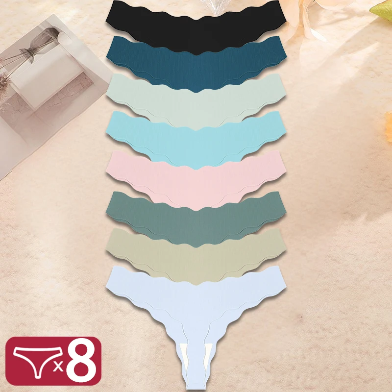 8 pièces Lingerie Sexy femmes culottes sans couture glace soie string femme sous - vêtements pour femmes élasticité tongs Secret G - String - Miniature 10