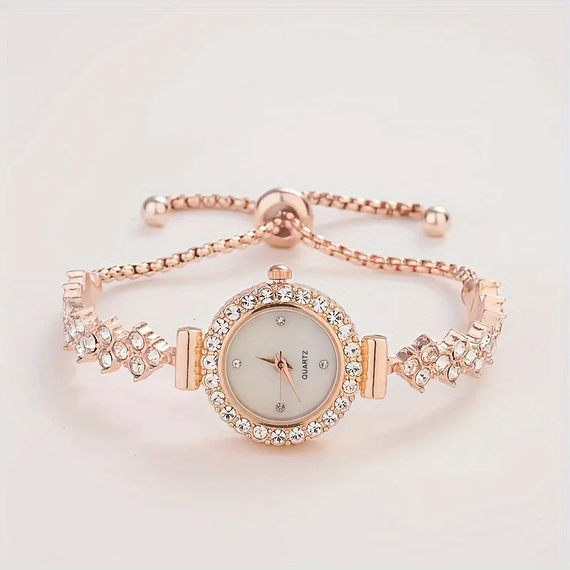 1 pièce d'une montre à quartz élégante pour femme, associée à une luxueuse embellissement de strass - bracelet simulé en or - Miniature 7