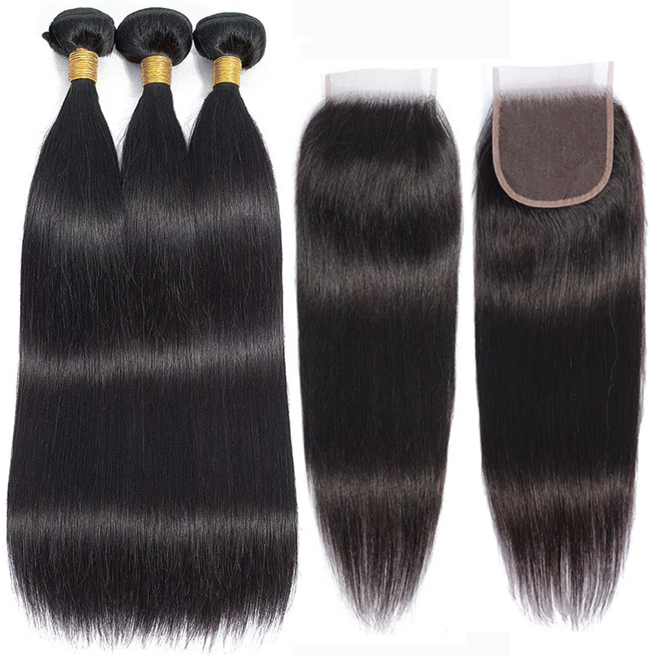 Paquets droits de cheveux humains d'os avec des paquets brésiliens droits d'armure de tissage de dentelle frontale 13x4 avec la fermeture 4x4 avec des paquets - Miniature 3