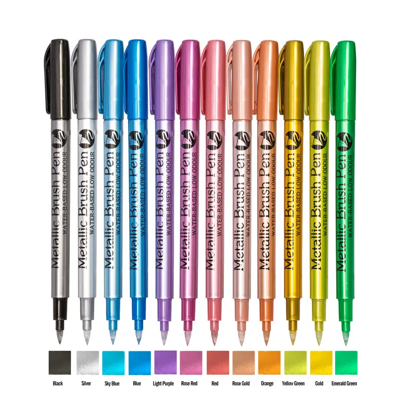 Marqueurs de peinture métalliques, brosse 12 couleurs, stylos pour peinture sur roche, pierre, céramique, bois, tissu, galets, Scrapbook, journaux, Albums photos - Miniature 8