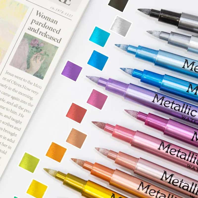 Marqueurs de peinture métalliques, brosse 12 couleurs, stylos pour peinture sur roche, pierre, céramique, bois, tissu, galets, Scrapbook, journaux, Albums photos - Miniature 5