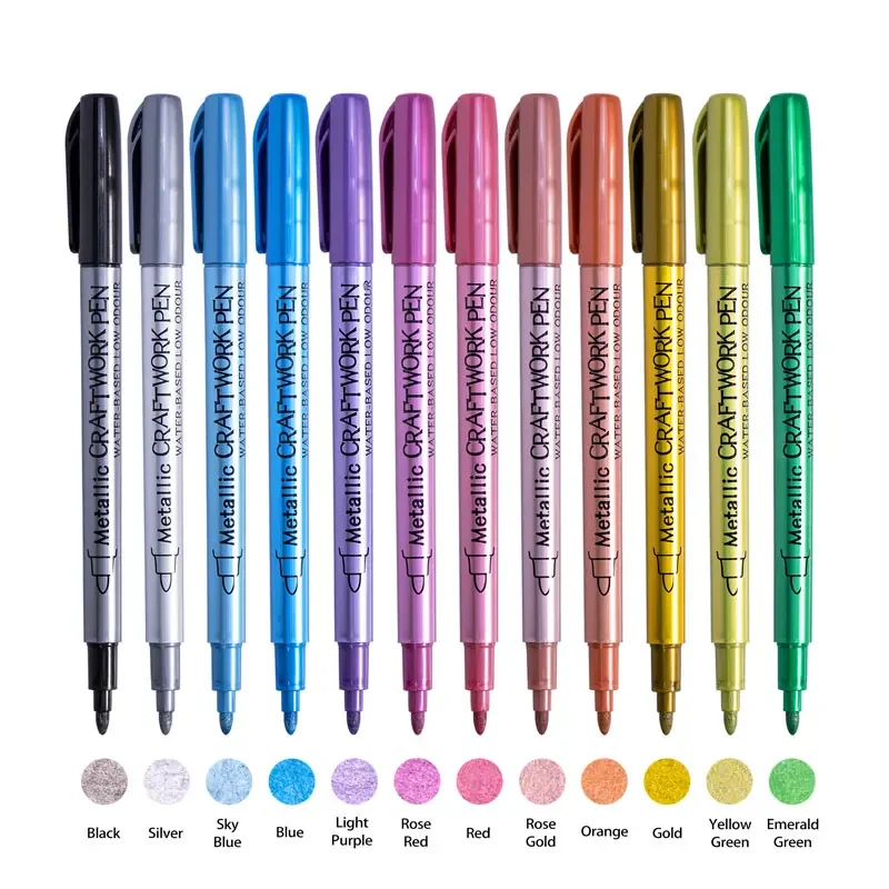 Marqueurs de peinture métalliques, brosse 12 couleurs, stylos pour peinture sur roche, pierre, céramique, bois, tissu, galets, Scrapbook, journaux, Albums photos - Miniature 7