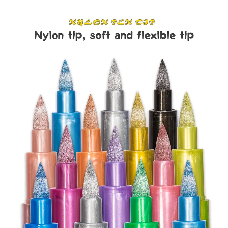 Marqueurs de peinture métalliques, brosse 12 couleurs, stylos pour peinture sur roche, pierre, céramique, bois, tissu, galets, Scrapbook, journaux, Albums photos - Miniature 4