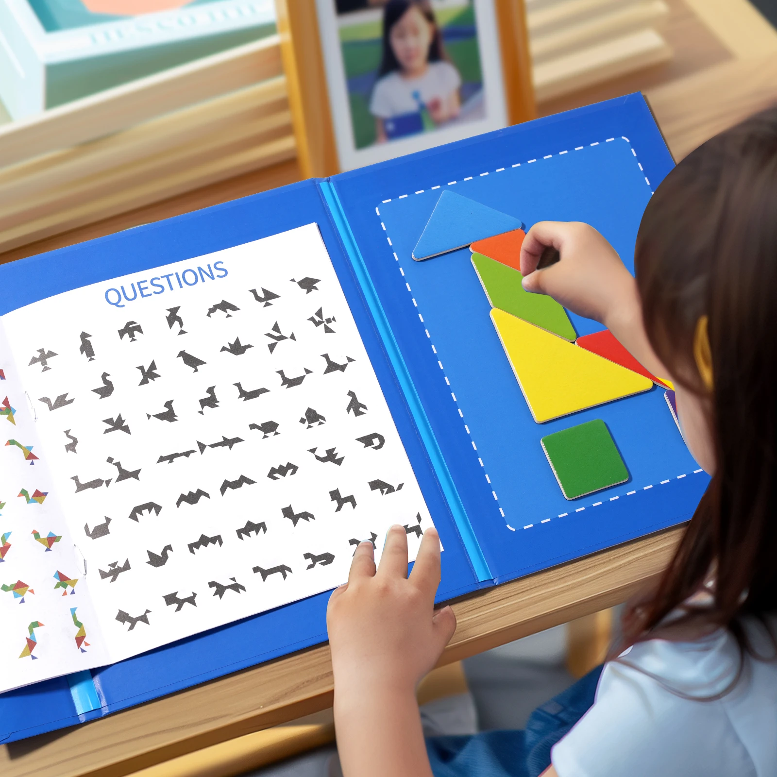 Puzzle en bois Tangram magnétique, livre, jouets éducatifs pour enfants, bébé enfant, Portable, apprentissage de l'intelligence Montessori - Miniature 6