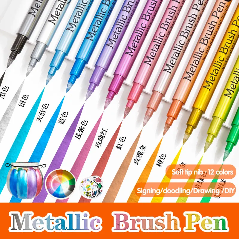 Marqueurs de peinture métalliques, brosse 12 couleurs, stylos pour peinture sur roche, pierre, céramique, bois, tissu, galets, Scrapbook, journaux, Albums photos - Miniature 2