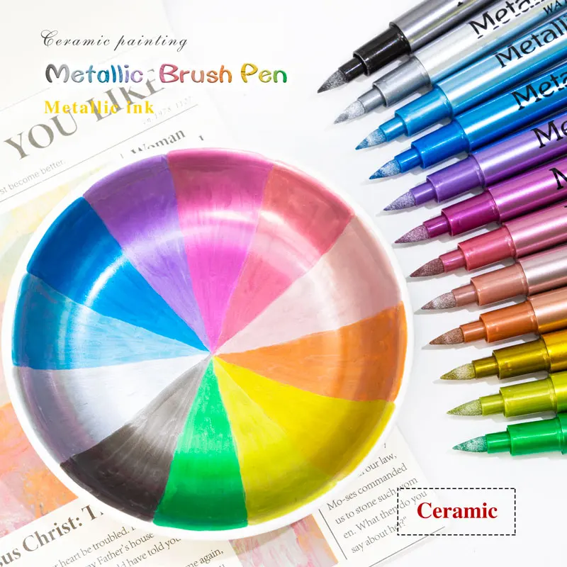 Marqueurs de peinture métalliques, brosse 12 couleurs, stylos pour peinture sur roche, pierre, céramique, bois, tissu, galets, Scrapbook, journaux, Albums photos - Miniature 3