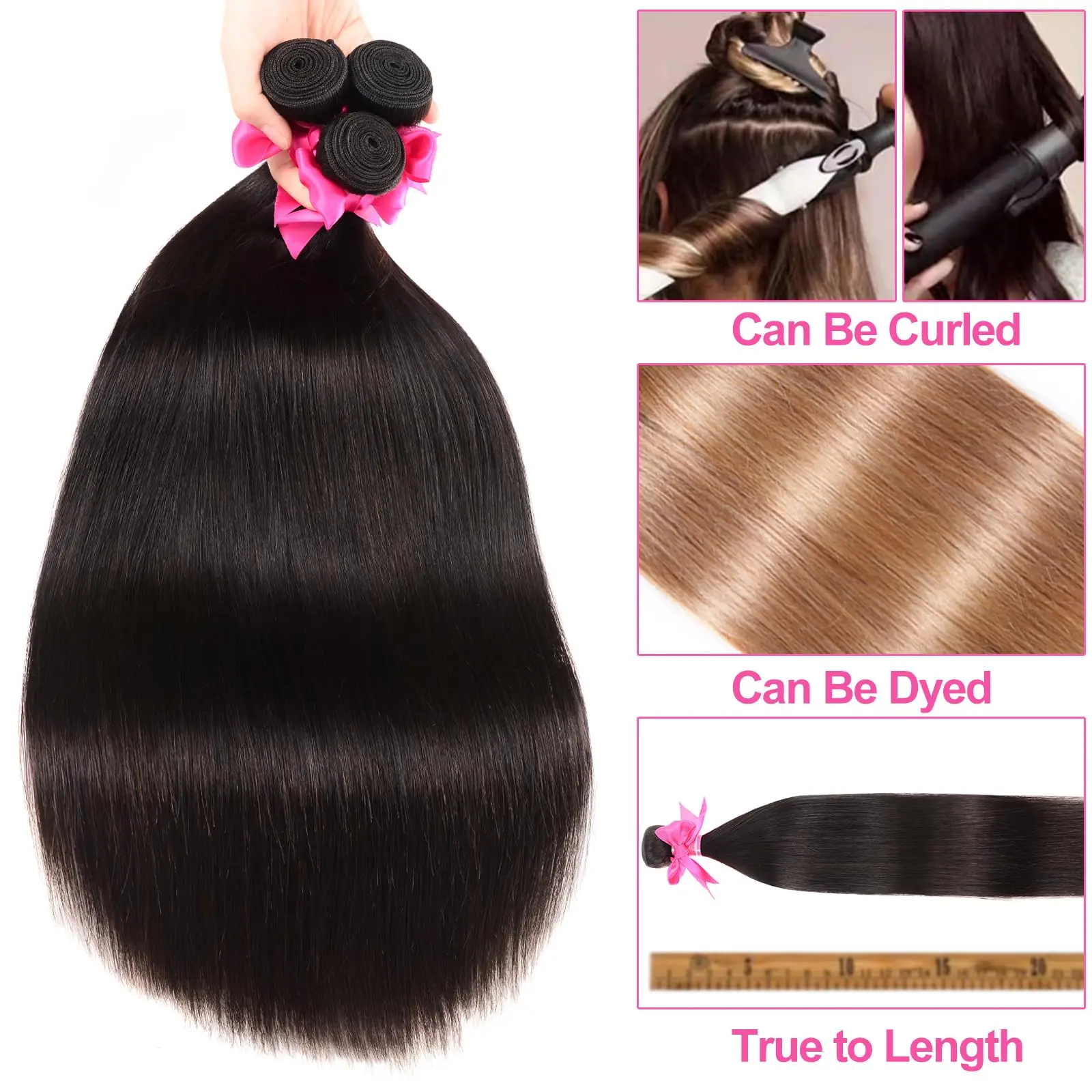 Paquets droits cheveux humains 12A cheveux humains 4 paquets cheveux raides 20 22 24 26 pouces brésilien vierge affaire Extensions de cheveux humains - Miniature 5