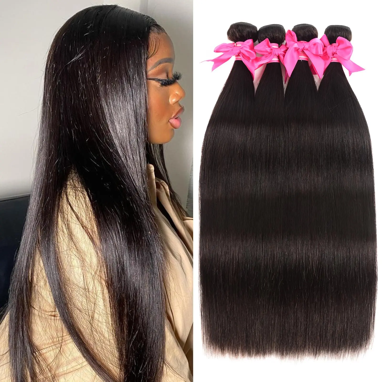 Paquets droits cheveux humains 12A cheveux humains 4 paquets cheveux raides 20 22 24 26 pouces brésilien vierge affaire Extensions de cheveux humains - Miniature 7